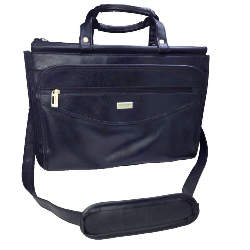 US Luggage New York Black Leather Expandable Briefcase Laptop Bag w Strap 16"x13
